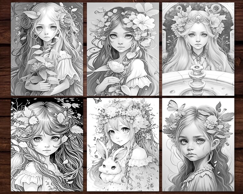May include: Six black and white illustrations of girls with floral crowns and flowing hair. Each girl is surrounded by flowers and leaves. The illustrations are in a whimsical style.