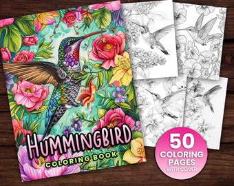 50 Colibrí Vida Linda Variedad, Libro de páginas para colorear, Adultos + niños Descarga instantánea para colorear en escala de grises, Aves en acción, Coloración de animales