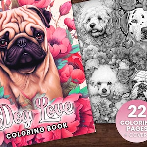 22 Blooming Dogs Creatures Coloring Page Book, Adults + kids- Instant Download - Grayscale Coloring Page, Printable PDF, Gift, Dog Love