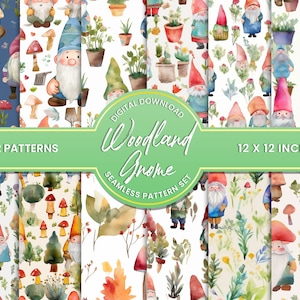 12 Woodland Garden Gnome Cuties - Digital Paper Seamless Pattern Pack - Watercolor Backgrounds - 12 Designs - 12x12in - Commercial Use