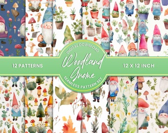 12 Woodland Garden Gnome Cuties - Digital Paper Seamless Pattern Pack - Watercolor Backgrounds - 12 Designs - 12x12in - Commercial Use