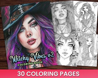 30 Witchy Vibes v2 Coloring Book, Adults + kids- Download - Grayscale Coloring Page - Gift, Printable PDF, witches, candles, spiritual