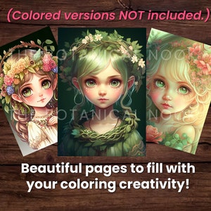 May include: Three printable coloring pages featuring illustrations of girls with floral crowns and green hair. The text "Colored versions NOT included." and "Beautiful pages to fill with your coloring creativity!" is visible at the top and bottom of the image.
