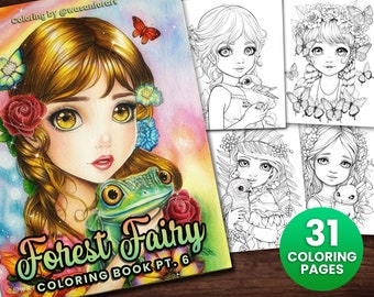 Delicato libro da colorare per ragazze fata della foresta 5 Fantasy Anime, download istantaneo per adulti e bambini - regalo per pagina da colorare in scala di grigi, PDF artistico stampabile