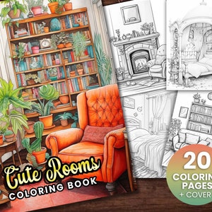 20 Cute Rooms Coloring Book, Adults kids Instant Download -Grayscale Coloring Book -Printable PDF, Living Room, Bedroom, House, Cute room