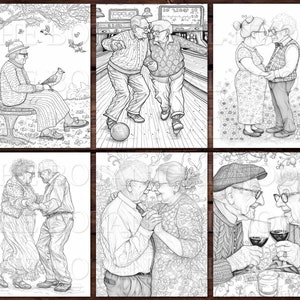 30 Elders in Love Coloring Pages Book, Adults kids Instant Download Grayscale Coloring Page, Printable PDF, Elders in love, adorable image 6