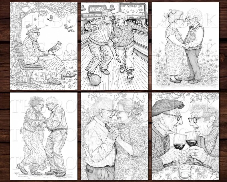 30 Elders in Love Coloring Pages Book, Adults kids Instant Download Grayscale Coloring Page, Printable PDF, Elders in love, adorable image 6