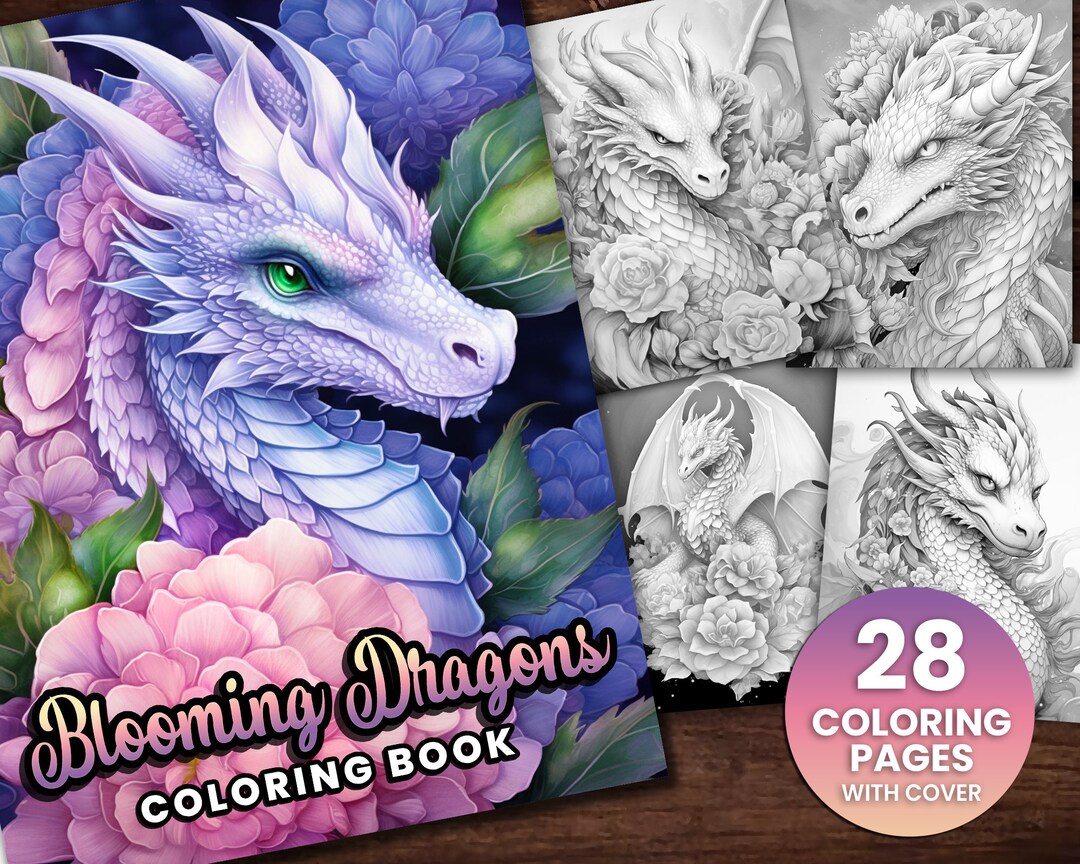 28 bloeiende draken bloem fantasie kleurplaat boek, volwassenen + kinderen  - Instant Download - grijswaarden kleurplaat, afdrukbare PDF, Dragon - Etsy  België, image size:1080x864