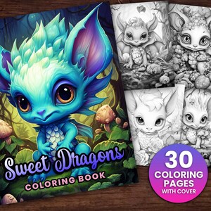 30 Sweet Dragons Fantasy Coloring Page Book, Adults + kids- Instant Download Grayscale Coloring Page, Printable PDF, Dragons coloring