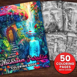 50 Mushroom Wonderland Coloring Page Book, Adults + kids Instant Download Grayscale Coloring Page, Printable PDF, Mushroom, Cute Mushroom