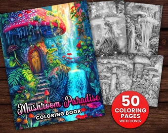 50 Mushroom Wonderland Coloring Page Book, Adults + kids Instant Download Grayscale Coloring Page, Printable PDF, Mushroom, Cute Mushroom