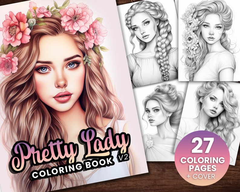 27 Color Pages 27 Pretty Lady V2 Beautiful Women, Hair, Flowers Coloring Page Book ...