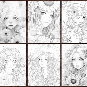 May include: Six black and white illustrations of anime-style women surrounded by flowers. Each portrait features a different woman with floral elements, including sunflowers and other blooms. The artwork is detailed and suitable for coloring.