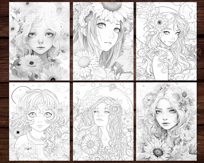 May include: Six black and white illustrations of anime-style women surrounded by flowers. Each portrait features a different woman with floral elements, including sunflowers and other blooms. The artwork is detailed and suitable for coloring.