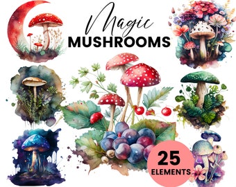 Watercolor Magic Mushroom Clipart Bundle (25 piece ) Botanical Illustration Instant Download Image for crafting, fantasy ,commercial use