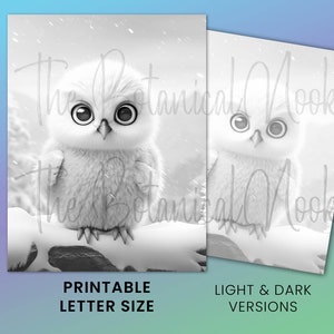 K&ouml;nnte beinhalten: Schwarz-Wei&szlig;-Druckkunst mit einer flauschigen Eule mit gro&szlig;en Augen, die auf einem schneebedeckten Ast sitzt. Das Bild enth&auml;lt den Text "The Botanical Nook", "Printable Letter Size" und "Light & Dark Versions".