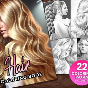 Beautiful Hair Coloring Page Book, Adults + kids Instant Download - Hairstyle, Glossy Locks Grayscale Coloring - Gift, Printable PDF