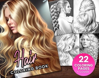 Hermoso libro de páginas para colorear el cabello, adultos + niños Descarga instantánea - Peinado, Mechones brillantes para colorear en escala de grises - Regalo, PDF imprimible