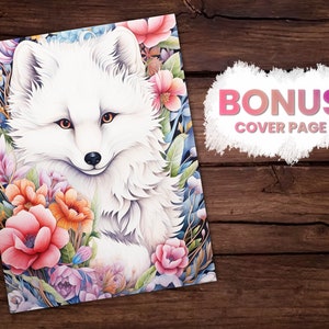 K&ouml;nnte beinhalten: Aquarellillustration eines wei&szlig;en Fuchses, umgeben von bunten Blumen, darunter rosa, orange und lila Bl&uuml;ten. Der Fuchs hat orange Augen und eine schwarze Nase. Die Worte "BONUS COVER PAGE" sind in Pink und Lila geschrieben.