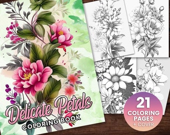 21 Flower Collection Coloring Page, Adults + kids- Instant Download - Grayscale Coloring Page - Gift, Printable PDF, flower art, advanced