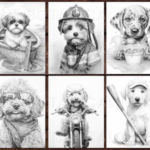 Pu&ograve; includere: Una collezione di sei illustrazioni in bianco e nero di cani. I cani sono raffigurati in vari scenari, tra cui un cane in barca, un cane vestito da pompiere, un dalmata con gelato, un cane con occhiali da sole, un cane su una moto e un cane con una mazza da baseball.