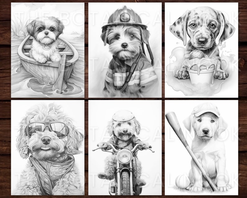 Pu&ograve; includere: Una collezione di sei illustrazioni in bianco e nero di cani. I cani sono raffigurati in vari scenari, tra cui un cane in barca, un cane vestito da pompiere, un dalmata con gelato, un cane con occhiali da sole, un cane su una moto e un cane con una mazza da baseball.