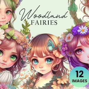 Delicate Woodland Fairy Girls (12 afbeeldingen) Illustratie Instant Download; knutselen, commercieel, Fantasy Elf Clipart, Cute