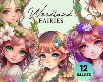 Delicate Woodland Fairy Girls (12 Graphics) Illustration Instant Download; crafting, commercial, Fantasy Elf Clipart, Cute