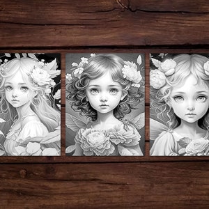 May include: Three black and white illustrations of fairies with floral crowns and wings. Each fairy is holding a flower and surrounded by foliage.