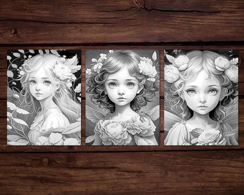 May include: Three black and white illustrations of fairies with floral crowns and wings. Each fairy is holding a flower and surrounded by foliage.
