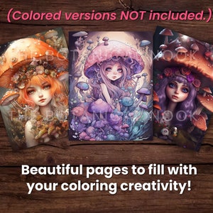 May include: Three coloring pages featuring illustrations of fairies in mushroom forests. Each page has a different fairy with unique hair and clothing. The fairies are surrounded by mushrooms of various shapes and sizes.