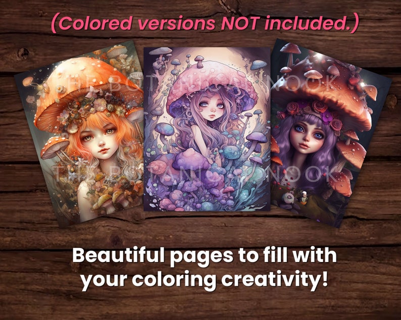 May include: Three coloring pages featuring illustrations of fairies in mushroom forests. Each page has a different fairy with unique hair and clothing. The fairies are surrounded by mushrooms of various shapes and sizes.