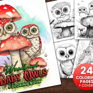 24 Baby Woodland Owls Fantasy Coloring Page Book, Adults + kids- Instant Download Grayscale Coloring Page, Printable PDF, Birds coloring