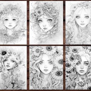 May include: A collection of six grayscale art prints featuring portraits of women adorned with floral crowns and floral accents. The artwork has a soft, watercolor style, with detailed facial features and flowing hair.