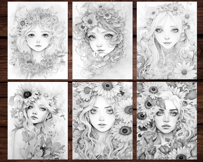 May include: A collection of six grayscale art prints featuring portraits of women adorned with floral crowns and floral accents. The artwork has a soft, watercolor style, with detailed facial features and flowing hair.