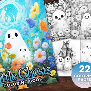 Puede incluir: Un libro para colorear con lindos fantasmas en un campo de flores. La portada presenta un fantasma grande con un fantasma m&aacute;s peque&ntilde;o a su lado. El t&iacute;tulo del libro es "Little Ghosts Coloring Book" y tiene 22 p&aacute;ginas para colorear m&aacute;s una portada.