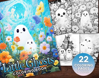 May include: A coloring book featuring cute ghosts in a field of flowers. The cover features a large ghost with a smaller ghost beside it. The title of the book is "Little Ghosts Coloring Book" and there are 22 coloring pages plus a cover.