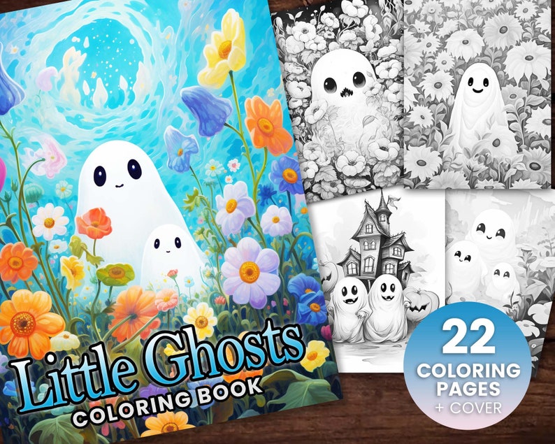 Puede incluir: Un libro para colorear con lindos fantasmas en un campo de flores. La portada presenta un fantasma grande con un fantasma m&aacute;s peque&ntilde;o a su lado. El t&iacute;tulo del libro es "Little Ghosts Coloring Book" y tiene 22 p&aacute;ginas para colorear m&aacute;s una portada.