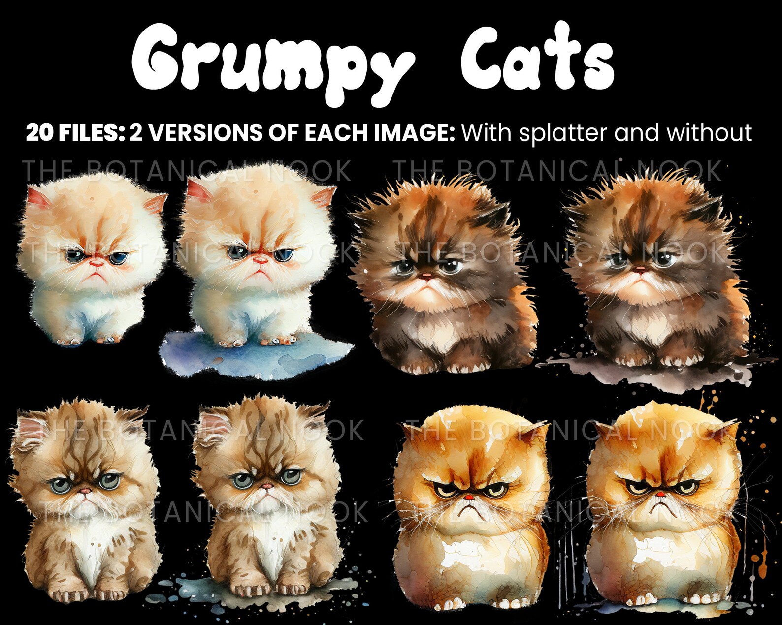Gumpy Kitten 10 Grumpy Cats Cute Fluffy Kitten Watercolor Clip Art Set (10 Graphics ...