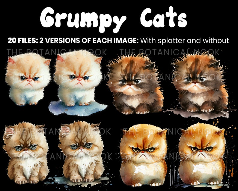 May include: Digital download of 20 watercolor illustrations of grumpy cats. The cats are in various poses and have different fur colors, including white, brown, and orange. The illustrations are perfect for creating greeting cards, scrapbooking, or other creative projects.