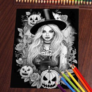 33 Beautiful Witches Coloring Book, Adults + kids- Download - Grayscale Coloring Page - Gift, Printable PDF, Halloween, skulls, beautiful, image 6