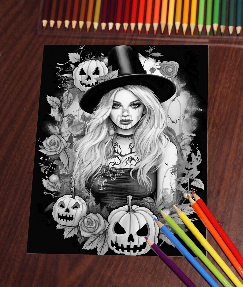 33 Beautiful Witches Coloring Book, Adults + kids- Download - Grayscale Coloring Page - Gift, Printable PDF, Halloween, skulls, beautiful, image 6