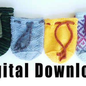 May include: Four knitted drawstring bags in different colors and patterns. The bags are green, blue, yellow, and purple. The text "Digital Download" is at the bottom of the image.