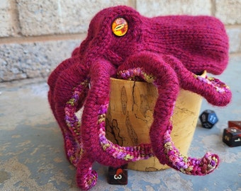 Red Octopus Dice Bag - Handknit with drawstring