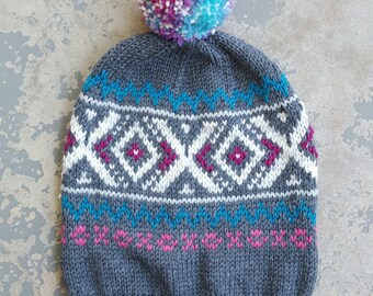 Hand-Knit Winter Grey, Teal and Pink Colorwork Wool Hat // Slouchy and Warm