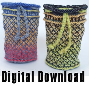 May include: Two knitted drawstring bags, one in blue, yellow, and red, and the other in green, black, and yellow. The bags are made with a chevron pattern and have a drawstring closure. The text "Digital Download" is at the bottom of the image.