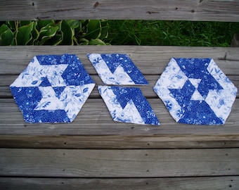 Hand Quilted Delft Blue Hexagon place mats and mug rugs, set of two each