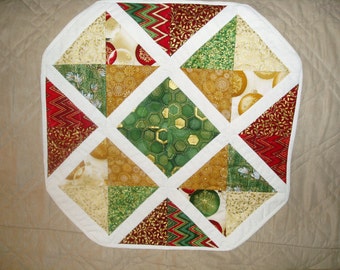 Christmas Topper Holiday Hand Quilted Red Gold Green Table Runner