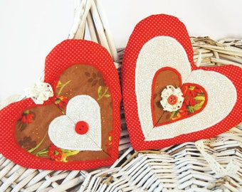 Set of two hearts for Christmas tree decoration, handmade home decor, gift for Xmas party