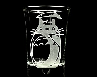 Fan Art Inspired Totoro Holding Umbrella Engraved Shot Glass Cute